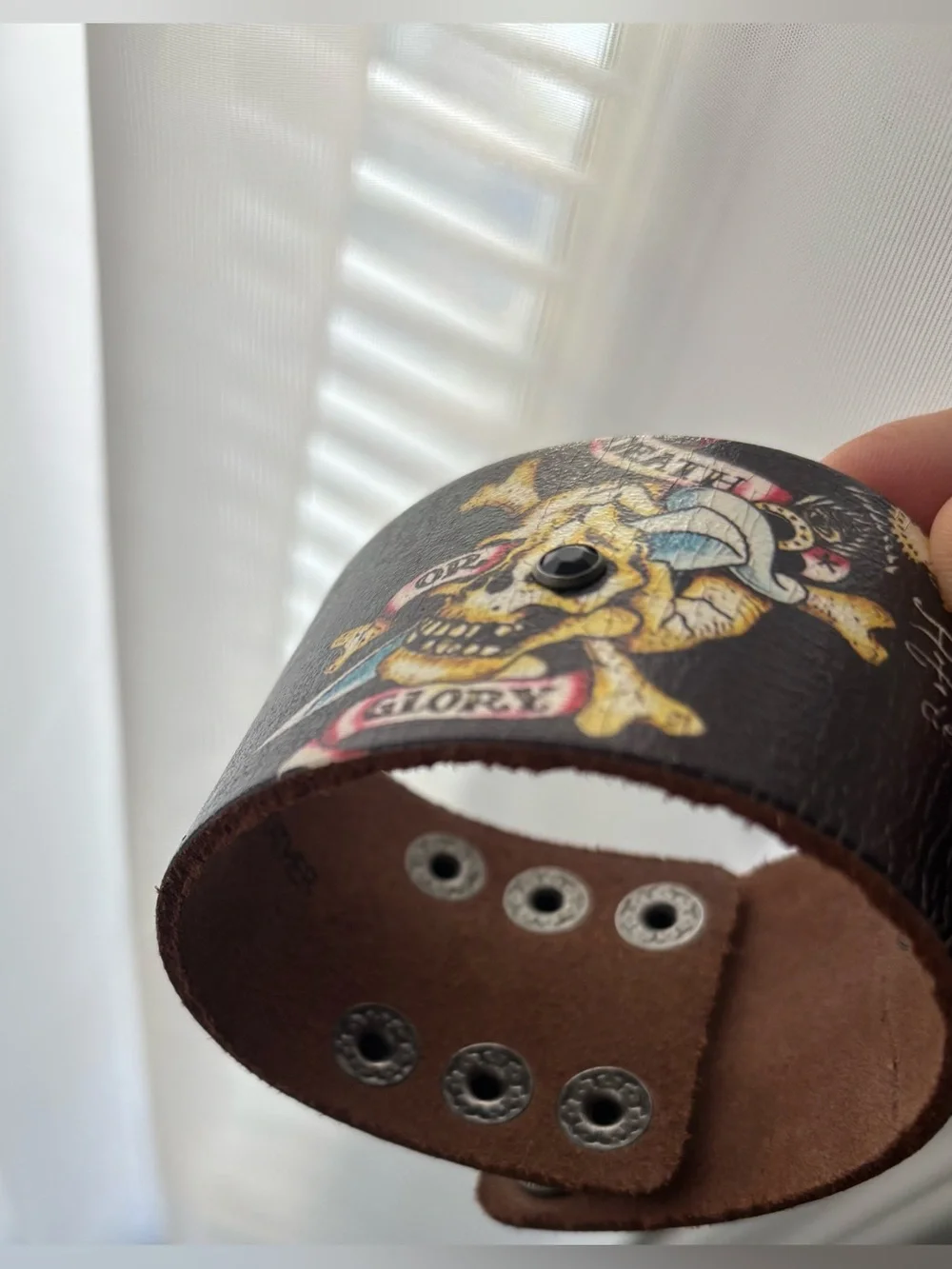 Ed Hardy Vintage Black Leather Skull & Crossbones Wide Cuff. Unisex. Y2K